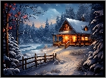 Zima, Las, Drzewa, Dom, Ogrodzenie, Śnieg, Światła, 2D