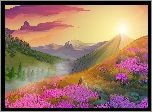 Grafika 2D, Krajobraz, Góry, Kwiaty, Zachód słońca