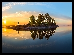 Jezioro Ładoda, Wysepka, Drzewa, Wschód słońca, Karelia, Rosja