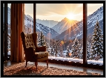 Pokój, Fotel, Okno, Zima, Góry, Słońce, Grafika AI