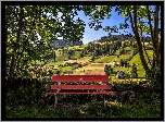 Łąka, Drzewa, Domek, Ławka, Park, Wzgórza