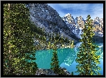 Kanada, Alberta, Park Narodowy Banff, Jezioro Moraine, Dolina Valley of the Ten Peaks, Dolina Dziesięciu Szczytów, Las, Drzewa, Góry, Odbicie
