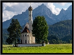 Kościół, Eglise Saint Coloman, Góry Alpy, Las, Drzewa, Miejscowość Schwangau, Bawaria, Niemcy
