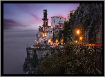 Włochy, Amalfi, Morze, Wybrzeże, Skały, Drzewa, Światła