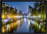 Amsterdam, Nocą, Kamienice, Kanał, Most, Łódki
