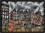 Amsterdam, Kamieniczki, Nad Kanałem, Pochmurne, Niebo