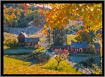 Stany Zjednoczone, Stan Vermont, Nowa Anglia, Jesień, Domy, Staw, Droga, Drzewa, Wieś