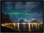 Lofoty, Archipelag, Góry, Miasto, Statki, Noc, Norwegia