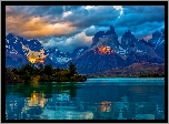 Argentyna, Patagonia, Góry, Jezioro, Drzewa, Chmury