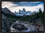 Argentyna, Chile, Pogranicze, Patagonia, Góry Andy, Szczyt Fitz Roy, Góry, Strumyk, Kamienie, Drzewa