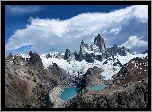 Argentyna, Patagonia, Ośnieżone, Góry, Szczyt Fitz Roy, Jeziora, Niebo