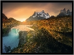 Argentyna, Patagonia, Góry, Torres del Paine, Rzeka, Zachód słońca