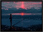 Digital Art, Dziewczyna, Most, Rzeka, Zachód słońca