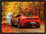 Czerwony, Aston, Martin, DBC, Jesień, Las, Droga