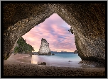 Atrakcja turystyczna, Cathedral Cove, Jaskinia, Zachód słońca, Morze, Skały, Półwysep Coromandel, Region Waikato, Nowa Zelandia