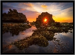 Australia, Półwysep Mornington, Park Narodowy Mornington Peninsula, Plaża Bridgewater Bay, Zatoka, Zachód słońca, Skały, Roślinność