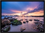Australia, Sydney, Zatoka Sydney Harbour, Zatoka Port Jackson, Morze, Kamienie, Wieżowce, Most, Wschód słońca, Chmury