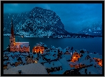 Hallstatt, Austria, Zima, Góry, Jezioro, Kościół, Noc