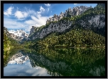 Góry Dachstein, Jezioro Gosau, Vorderer Gosausee, Drzewa, Chmury, Odbicie, Austria