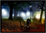 Park, Ławka, Latarnia, Liście, Mgła, Poranek, Jesień