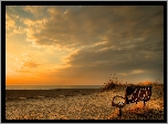 Plaża, Ławka, Trawy, Wschód, Słońca, Chmury, Morze