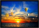 Balony, Morze, Chmury, Zachód, Słońca
