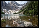Góry, Jezioro Agnes, Park Narodowy Banff, Drzewa, Kamienie, Śnieg, Prowincja Alberta, Kanada