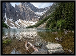 Góry, Jezioro Agnes, Park Narodowy Banff, Drzewa, Kamienie, Śnieg, Prowincja Alberta, Kanada