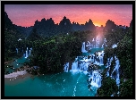 Wodospad, Ban Gioc Waterfall, Rzeka, Cao Bang, Góry, Zachód słońca, Wietnam