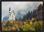 Niemcy, Bawaria, Zamek Neuschwanstein, Jesień, Mgła, Las, Drzewa