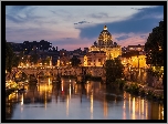 Watykan, Most św Anioła, Rzeka Tyber, Bazylika św Piotra, Oświetlenie, Wieczór