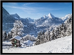 Niemcy, Berchtesgaden, Zima, Góry, Drzewa, Dom, Śnieg