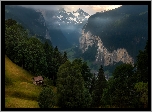 Gmina Lauterbrunnen, Wengen, Góry, Alpy Berneńskie, Dolina Lauterbrunnen, Lasy, Drzewa, Domy, Szwajcaria