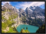 Szwajcaria, Kanton Berno, Góry, Alpy Berneńskie, Jezioro, Oeschinen Lake, Drzewa, Roślinność