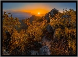 Góry Mount Beshtau, Skały, Drzewa, Krzewy, Zachód słońca, Kraj Stawropolski, Rosja