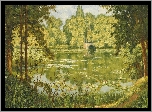 Malarstwo, Obraz, Henri Biva, Drzewa, Jezioro, Most