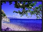 Błękitny, Ocean, Plaża, Drzewo, Łódka, Góry
