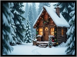 Boże Narodzenie, Zima, Las, Ośnieżone, Drzewa, Dom, Grafika AI