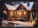 Zima, Śnieg, Drzewa, Noc, Oświetlony, Dom, Udekorowane, Choinki, Prezenty, Boże Narodzenie, Grafika