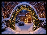 Boże Narodzenie, Zima, Dom, Dekoracja, Łuk, Oświetlenie, Drzewa, Zaspy