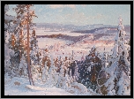 Zima, Drzewa, Góry, Dolina, Domy, Malarstwo, Carl August Brandt