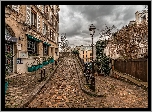 Ulica, Bruk, Domy, Latarnia, Dzielnica Montmartre, Paryż, Francja