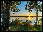 Jezioro, Brzeg, Wschód słońca, Drzewa, Brzoza, Łódka