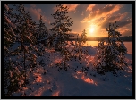 Norwegia, Ringerike, Zima, Zachód słońca, Jezioro, Drzewa,  Łódka, Drewniany, Budynek