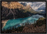 Jezioro, Peyto Lake, Park Narodowy Banff, Góry, Canadian Rockies, Lasy, Chmury, Promienie słońca, Alberta, Kanada