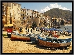 Cefalu, Sycylia, Łódki, Domy, Morze