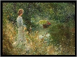 Malarstwo, Obraz, Charles William Wyllie, Kobieta, Łąka, Kwiaty, Rzeka, Mężczyzna, Łódka