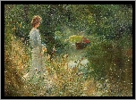 Malarstwo, Obraz, Charles William Wyllie, Kobieta, Łąka, Kwiaty, Rzeka, Mężczyzna, Łódka
