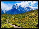 Góry, Masyw, Torres del Paine, Droga, Łąka, Chmury, Park Narodowy Torres del Paine, Zachód słońca, Patagonia, Chile