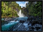 Rzeka, Kamienie, Drzewa, Wodospad Huilo-Huilo Falls, Panguipulli, Chile